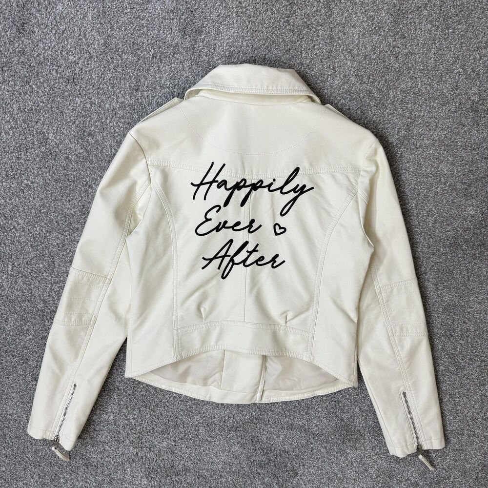 DB Studio Jacket Womens Small White Faux Leather Moto Happily Ever After Wedding